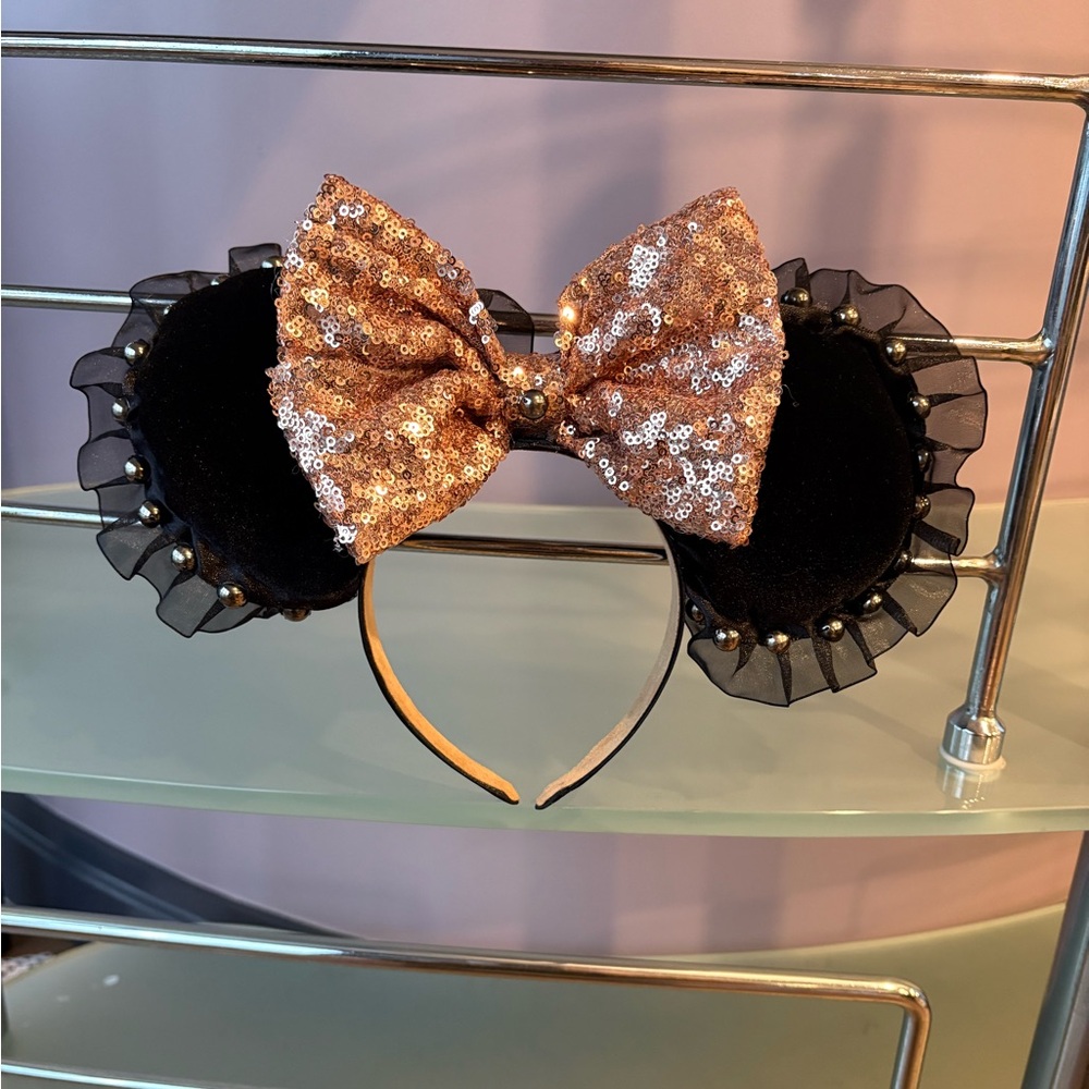 Black Tie, Black Velvet, Rose Gold Sequin Sparkle Bow with ruffle beaded trim